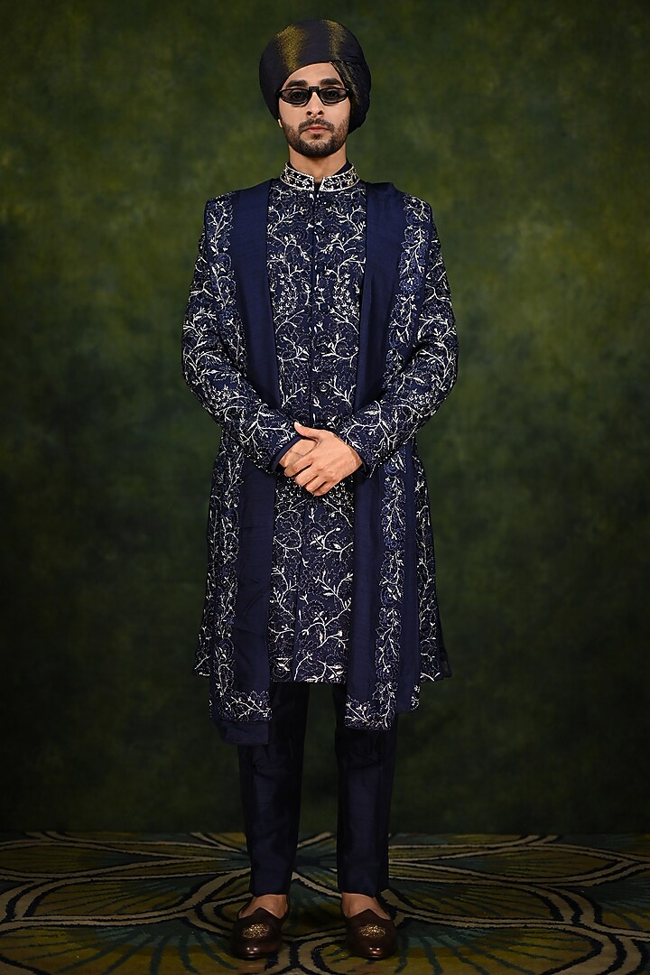 Navy Raw Silk Embroidered Groom Sherwani Set by Rachit Khanna Men at Pernia's Pop Up Shop