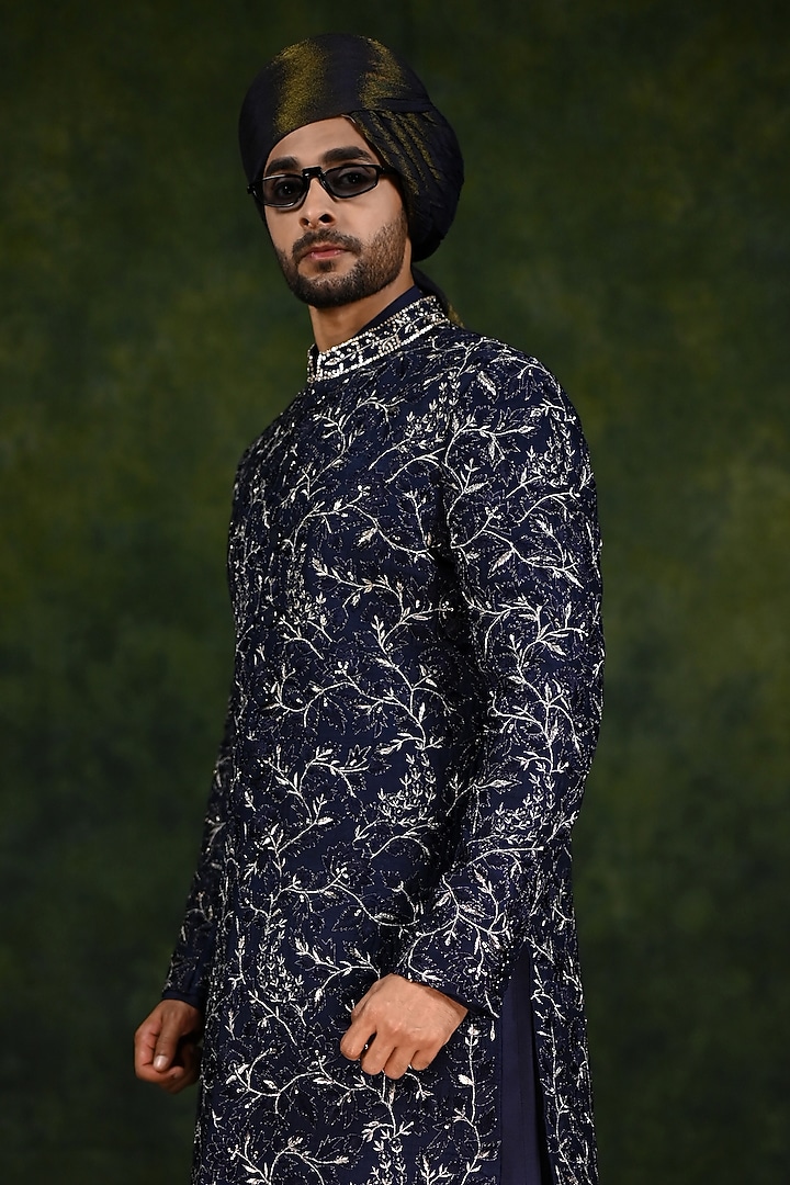 Navy Raw Silk Embroidered Groom Sherwani Set by Rachit Khanna Men at Pernia's Pop Up Shop