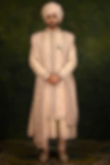 Mushroom-Colored Raw Silk Thread Work Groom Sherwani Set by Rachit Khanna Men at Pernia's Pop Up Shop