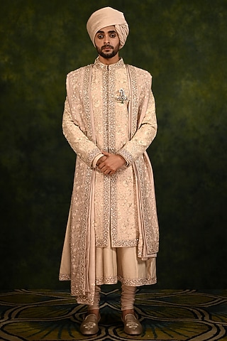 Mushroom-Colored Raw Silk Thread Work Sherwani Set by Rachit Khanna Men