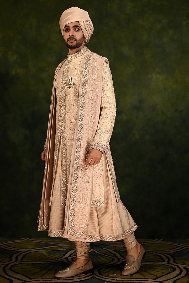 Mushroom-Colored Raw Silk Thread Work Groom Sherwani Set by Rachit Khanna Men at Pernia's Pop Up Shop