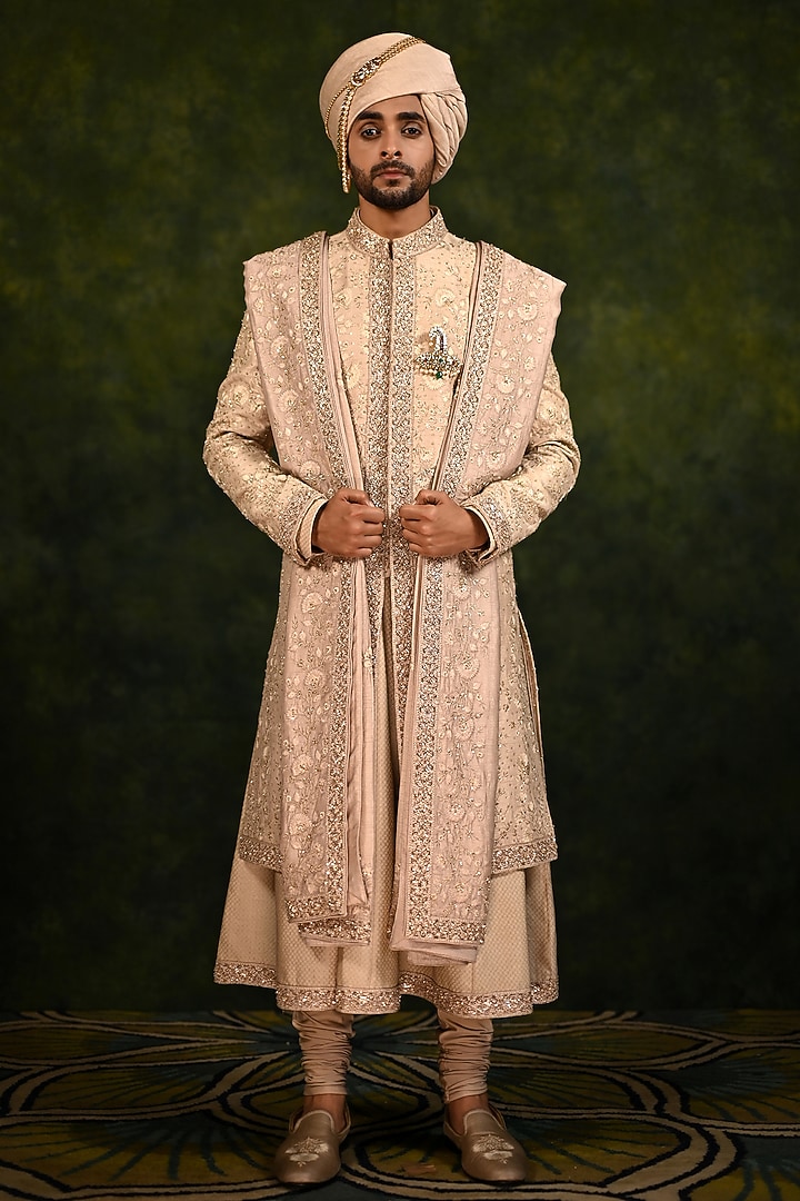 Mushroom-Colored Raw Silk Thread Work Groom Sherwani Set by Rachit Khanna Men at Pernia's Pop Up Shop