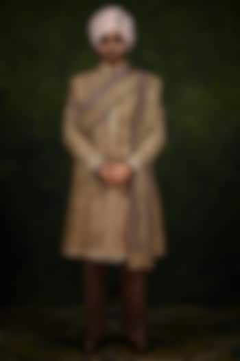 Mousse Brown Raw Silk Tilla Work Groom Sherwani Set by Rachit Khanna Men at Pernia's Pop Up Shop