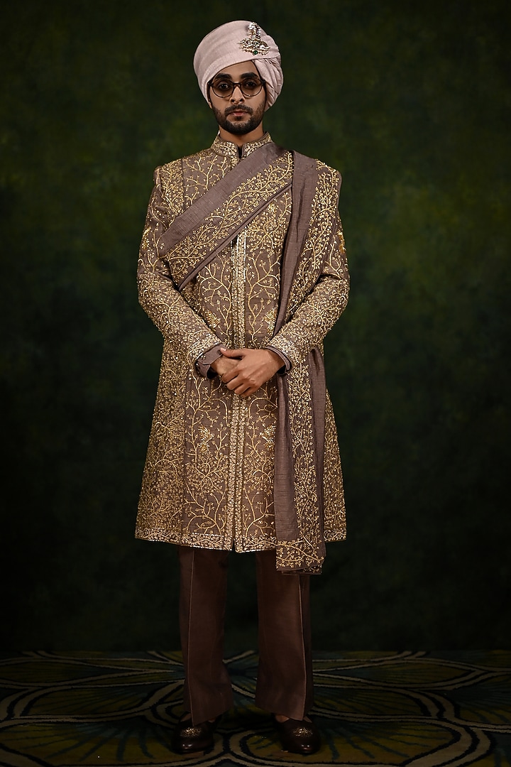 Mousse Brown Raw Silk Tilla Work Groom Sherwani Set by Rachit Khanna Men at Pernia's Pop Up Shop
