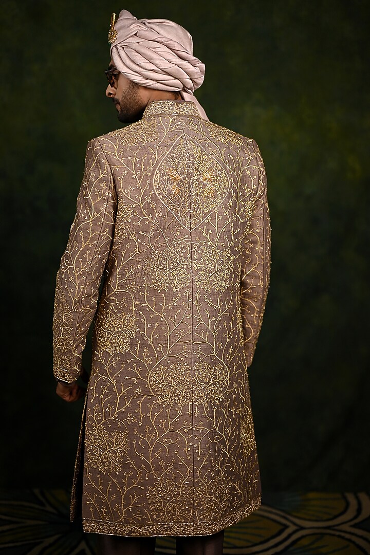Mousse Brown Raw Silk Tilla Work Groom Sherwani Set by Rachit Khanna Men at Pernia's Pop Up Shop