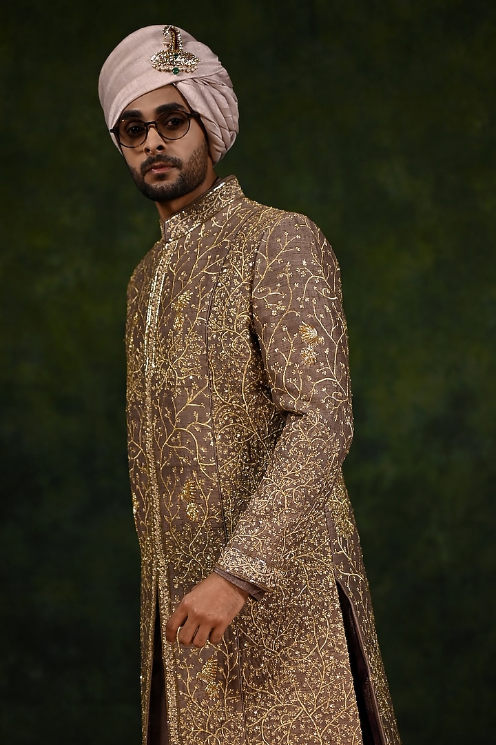 Mousse Brown Raw Silk Tilla Work Groom Sherwani Set by Rachit Khanna Men at Pernia's Pop Up Shop