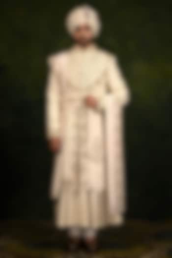 Ivory Lucknowi Dori Work Groom Sherwani Set by Rachit Khanna Men at Pernia's Pop Up Shop