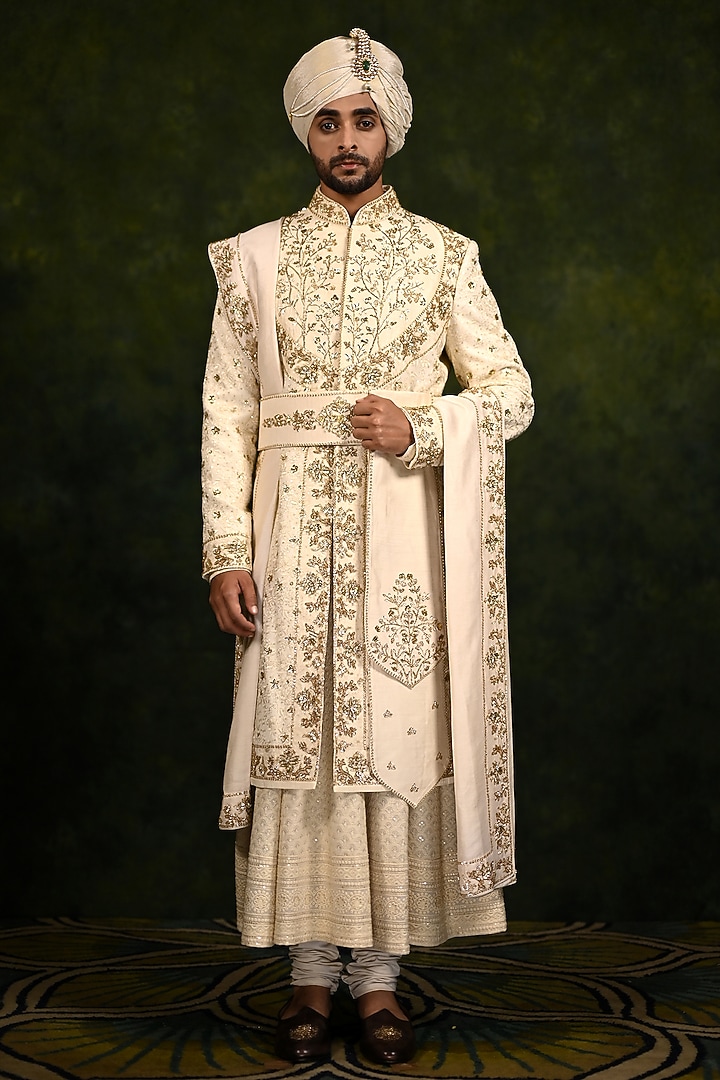 Ivory Lucknowi Dori Work Groom Sherwani Set by Rachit Khanna Men at Pernia's Pop Up Shop
