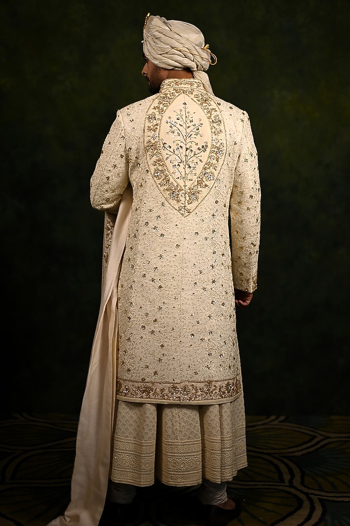 Ivory Lucknowi Dori Work Groom Sherwani Set by Rachit Khanna Men at Pernia's Pop Up Shop