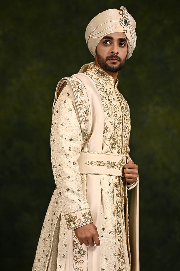 Ivory Lucknowi Dori Work Groom Sherwani Set by Rachit Khanna Men at Pernia's Pop Up Shop