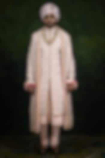 Desert Rose Raw Silk Dabka Embroidered Groom Sherwani Set by Rachit Khanna Men at Pernia's Pop Up Shop