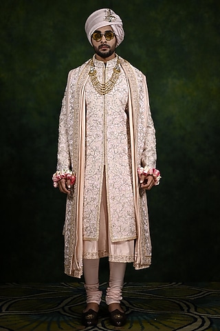 Desert Rose Raw Silk Dabka Embroidered Sherwani Set by Rachit Khanna Men