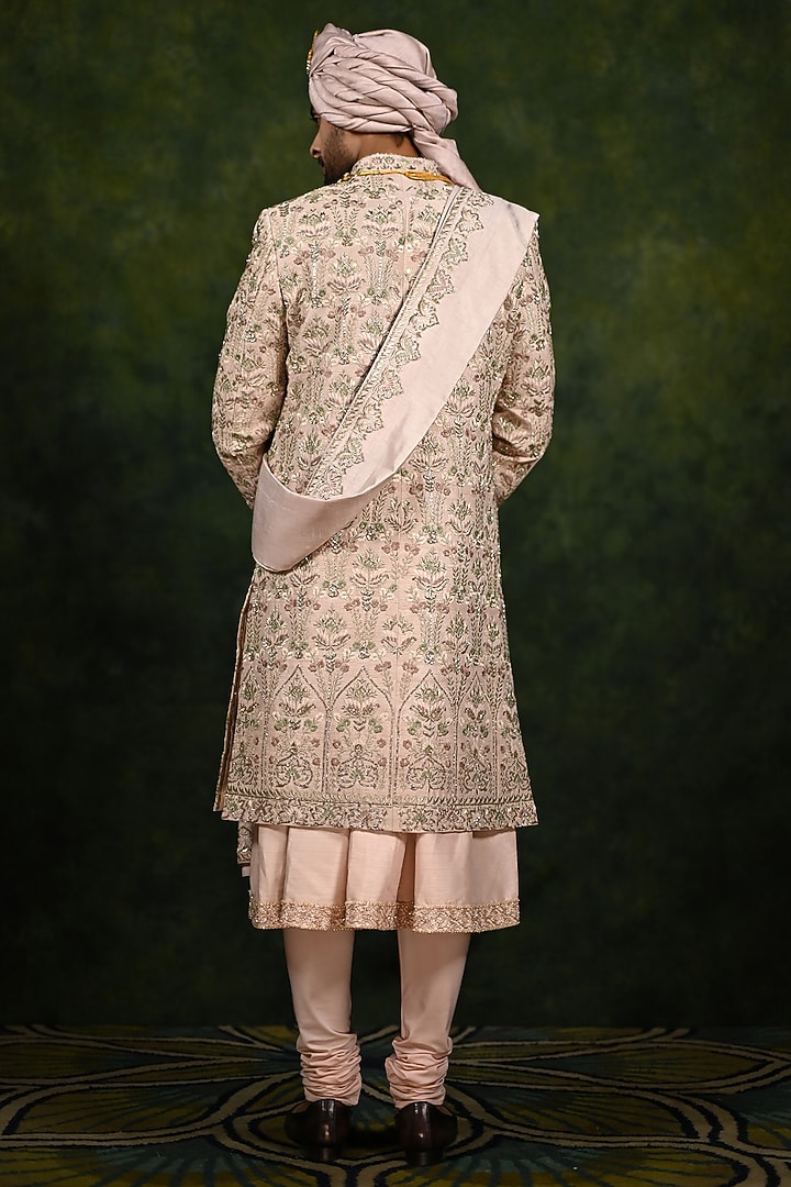 Desert Rose Raw Silk Dabka Embroidered Groom Sherwani Set by Rachit Khanna Men at Pernia's Pop Up Shop