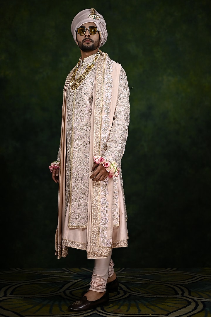 Desert Rose Raw Silk Dabka Embroidered Groom Sherwani Set by Rachit Khanna Men at Pernia's Pop Up Shop