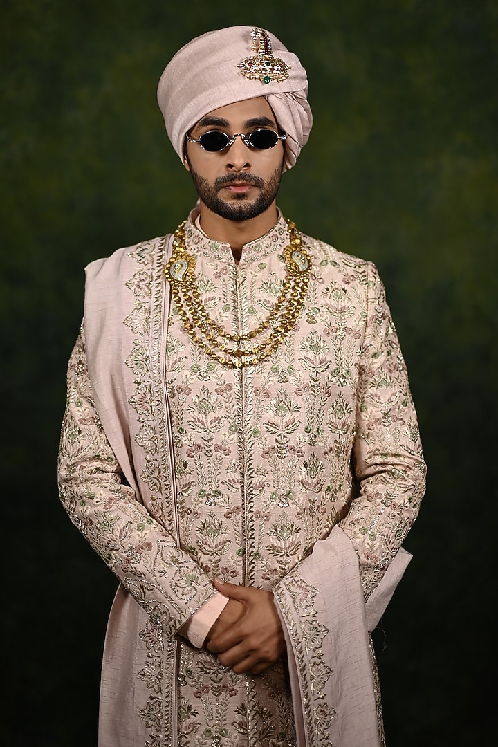 Desert Rose Raw Silk Dabka Embroidered Groom Sherwani Set by Rachit Khanna Men at Pernia's Pop Up Shop