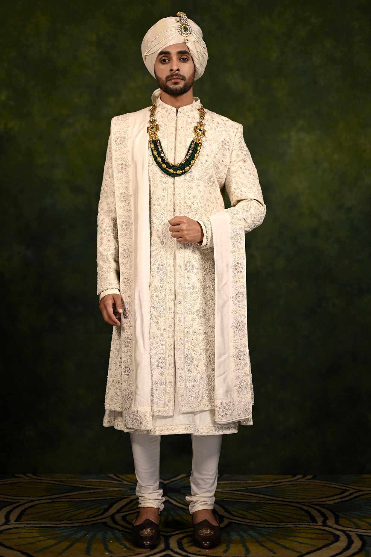 Rachit Khanna Ivory Raw Silk Bead & Pear Work Sherwani Set