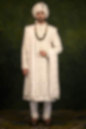 Ivory Raw Silk Bead & Pear Work Groom Sherwani Set by Rachit Khanna Men at Pernia's Pop Up Shop