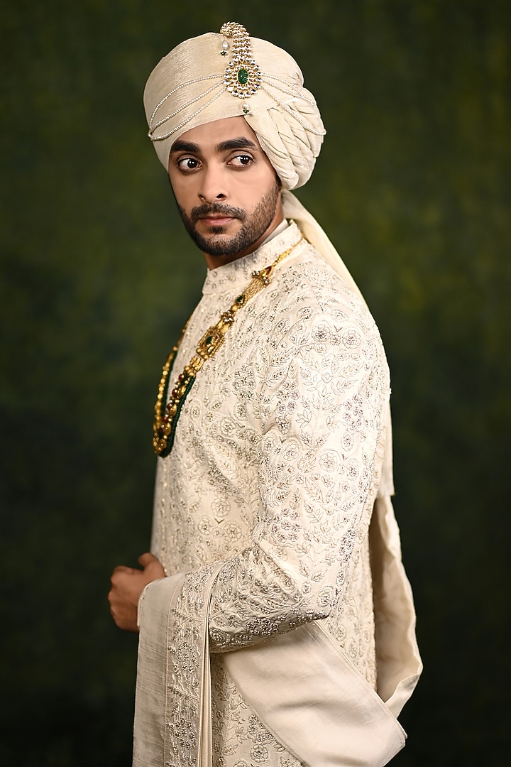 Ivory Raw Silk Bead & Pear Work Groom Sherwani Set by Rachit Khanna Men at Pernia's Pop Up Shop
