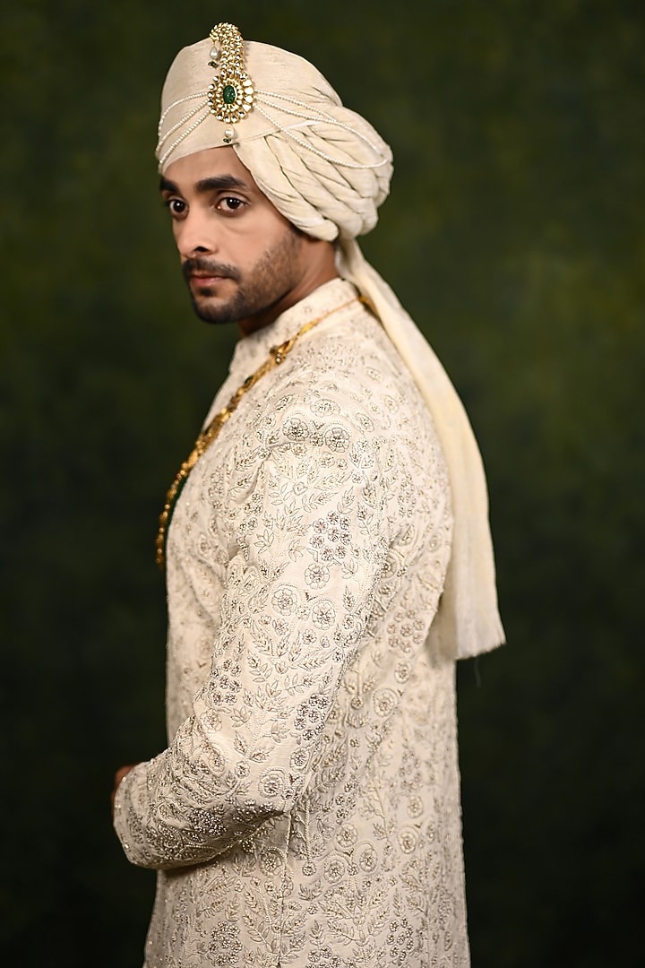 Ivory Raw Silk Bead & Pear Work Groom Sherwani Set by Rachit Khanna Men at Pernia's Pop Up Shop