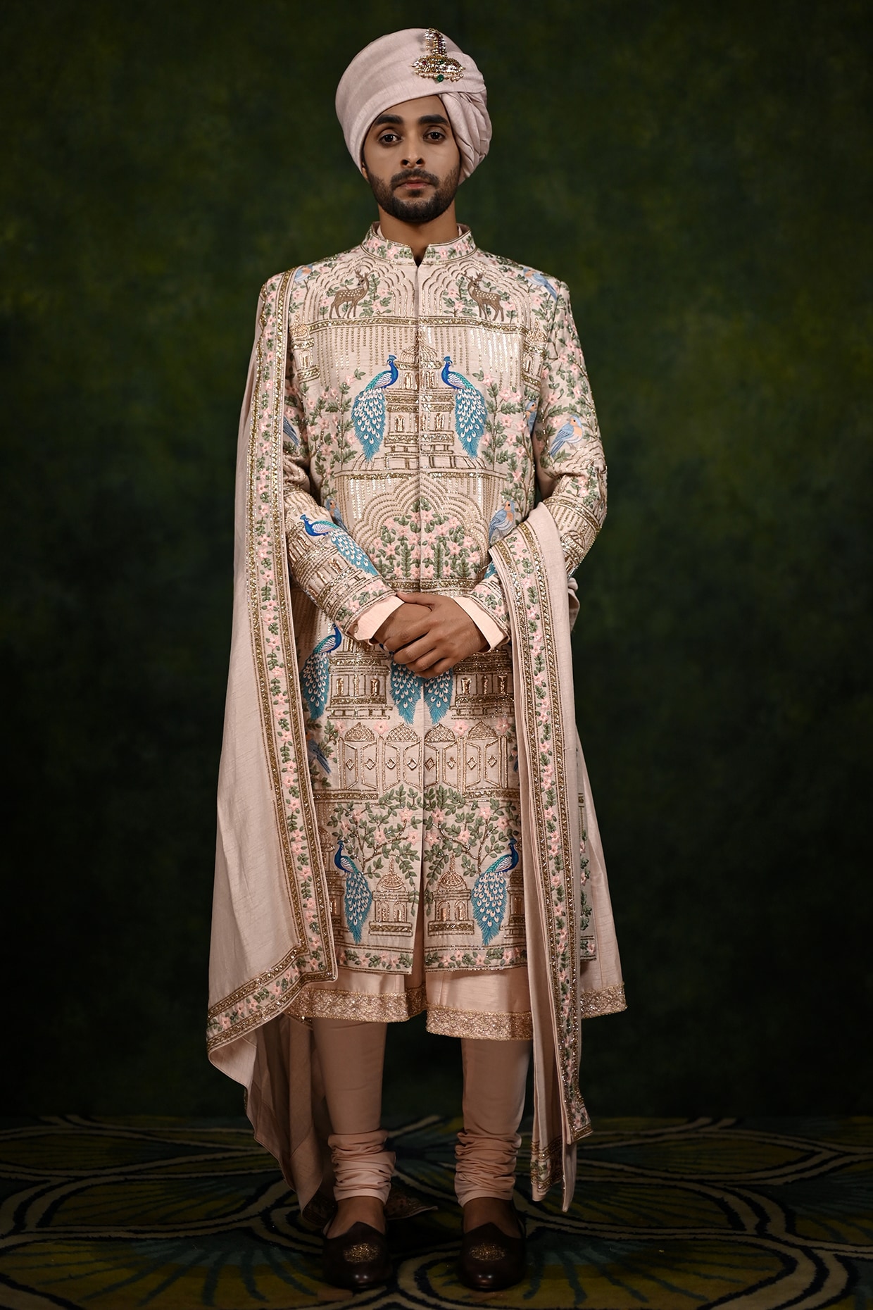Rachit Khanna Rose Gold Raw Silk Embroidered Sherwani Set