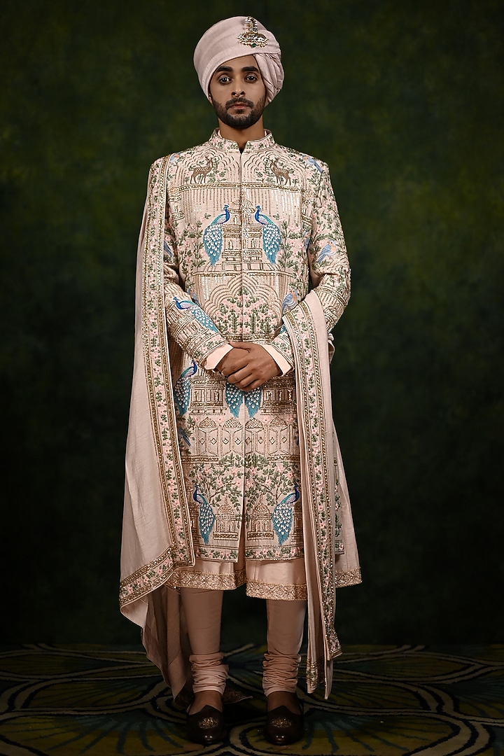 Rose Gold Raw Silk Embroidered Groom Sherwani Set by Rachit Khanna Men at Pernia's Pop Up Shop