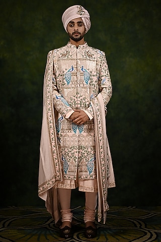 Rose Gold Raw Silk Embroidered Sherwani Set by Rachit Khanna Men