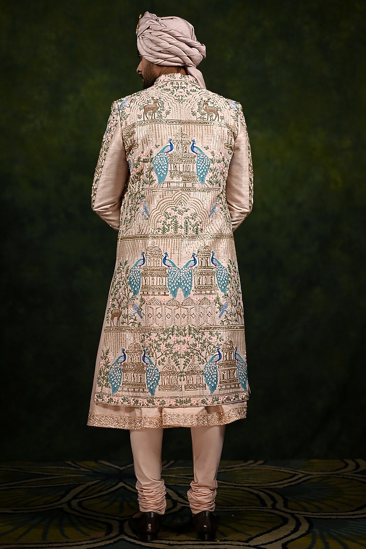 Rose Gold Raw Silk Embroidered Groom Sherwani Set by Rachit Khanna Men at Pernia's Pop Up Shop