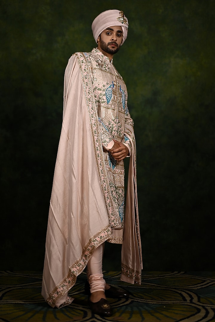 Rose Gold Raw Silk Embroidered Groom Sherwani Set by Rachit Khanna Men at Pernia's Pop Up Shop
