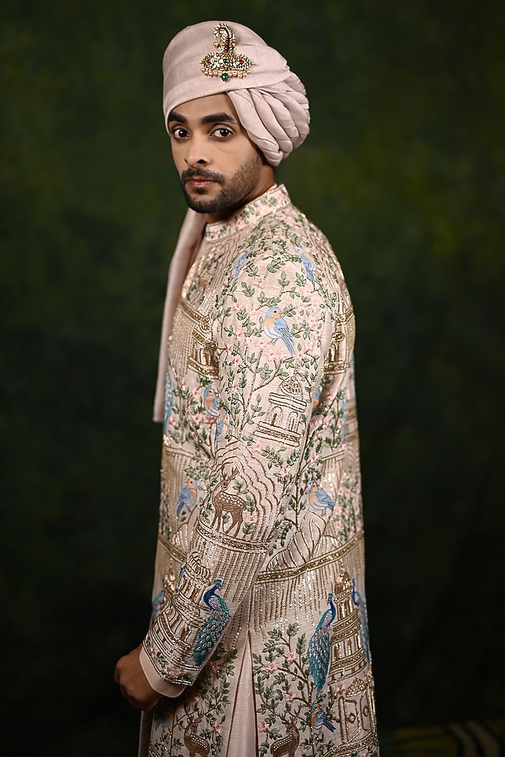 Rose Gold Raw Silk Embroidered Groom Sherwani Set by Rachit Khanna Men at Pernia's Pop Up Shop