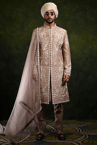 Turkish Rose Raw Silk Hand Embellished Sherwani Set by Rachit Khanna Men