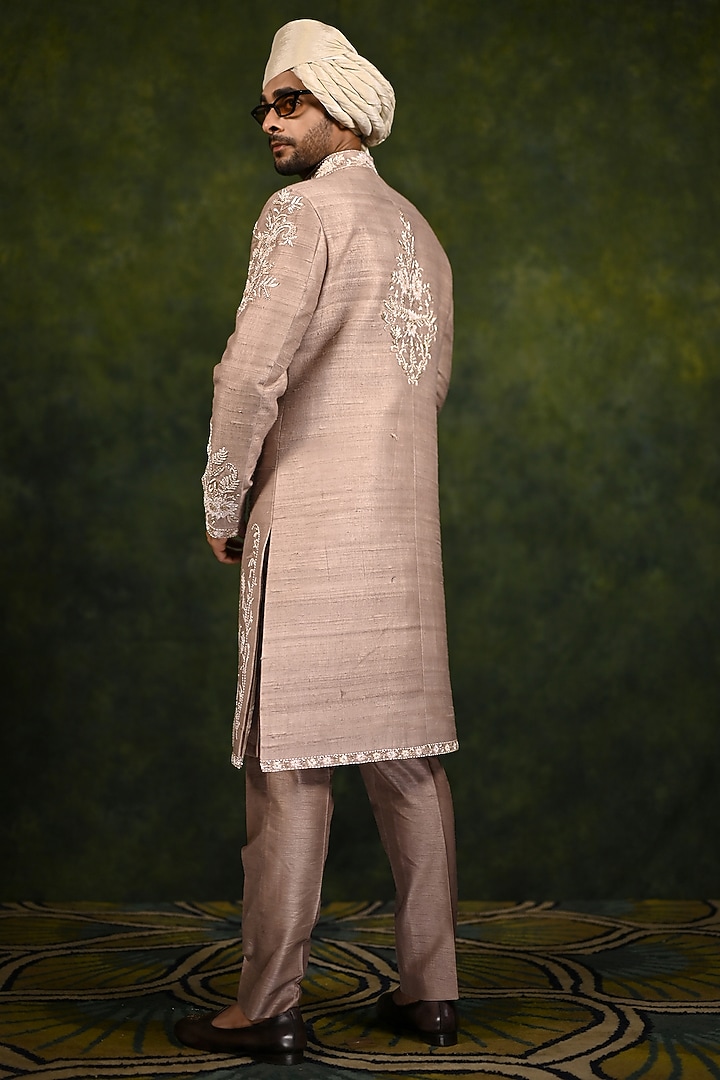 Turkish Rose Raw Silk Hand Embellished Groom Sherwani Set by Rachit Khanna Men at Pernia's Pop Up Shop
