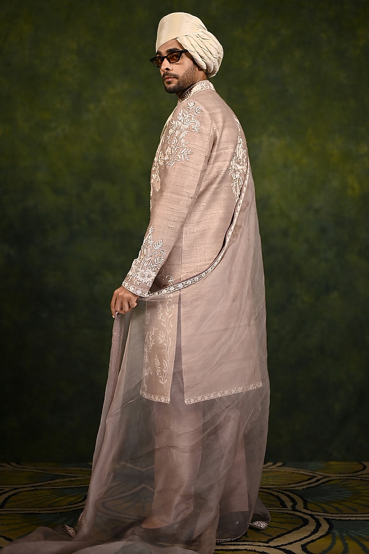 Turkish Rose Raw Silk Hand Embellished Groom Sherwani Set by Rachit Khanna Men at Pernia's Pop Up Shop