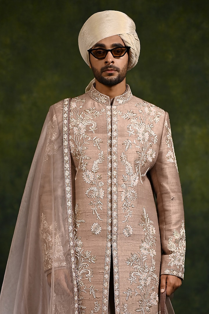 Turkish Rose Raw Silk Hand Embellished Groom Sherwani Set by Rachit Khanna Men at Pernia's Pop Up Shop