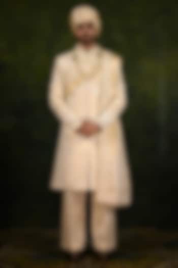 Ivory Gold Tissue Zari Crepe Thread Work Groom Sherwani Set by Rachit Khanna Men at Pernia's Pop Up Shop