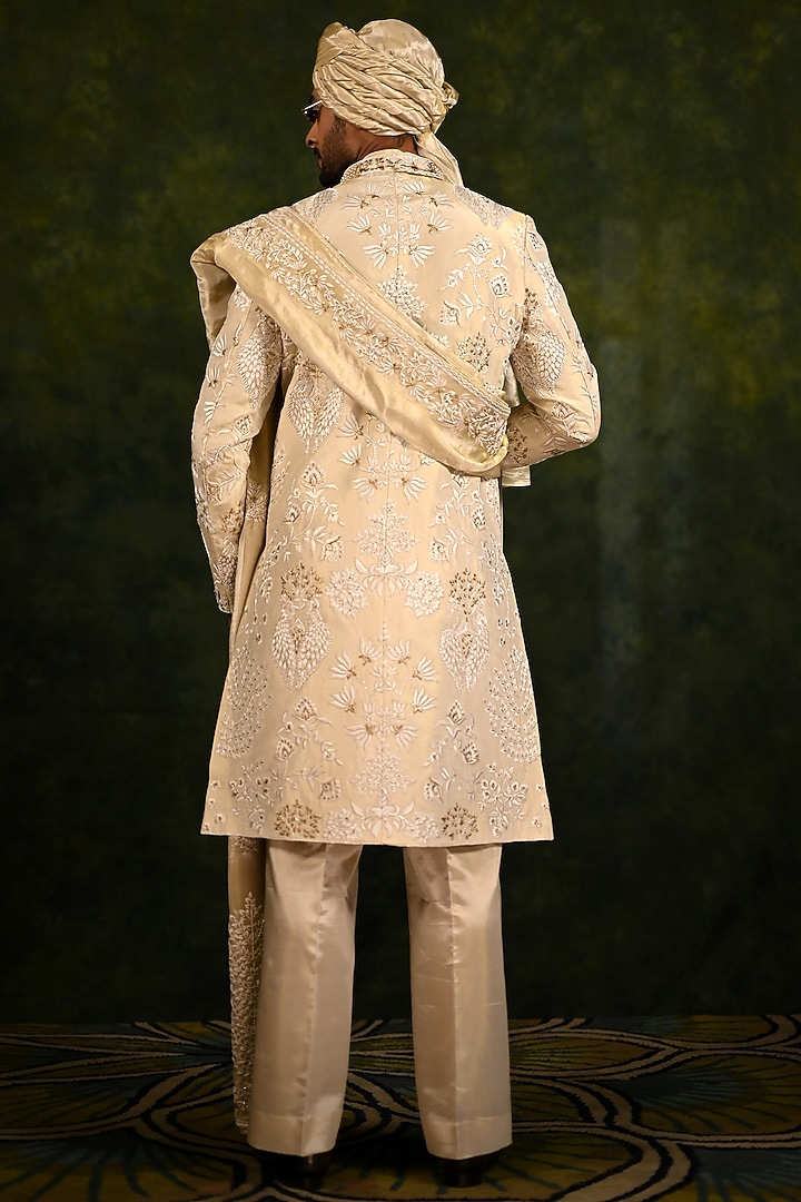 Ivory Gold Tissue Zari Crepe Thread Work Groom Sherwani Set by Rachit Khanna Men at Pernia's Pop Up Shop