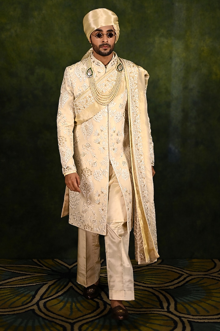 Ivory Gold Tissue Zari Crepe Thread Work Groom Sherwani Set by Rachit Khanna Men at Pernia's Pop Up Shop