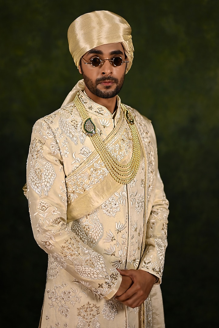Ivory Gold Tissue Zari Crepe Thread Work Groom Sherwani Set by Rachit Khanna Men at Pernia's Pop Up Shop