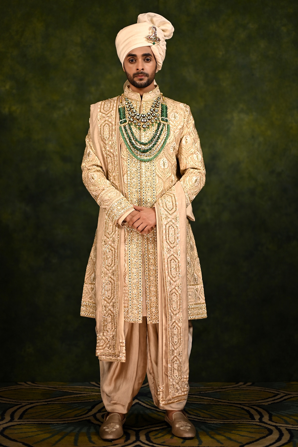 Rachit Khanna Pale Gold Silk Hand Embellished Sherwani Set