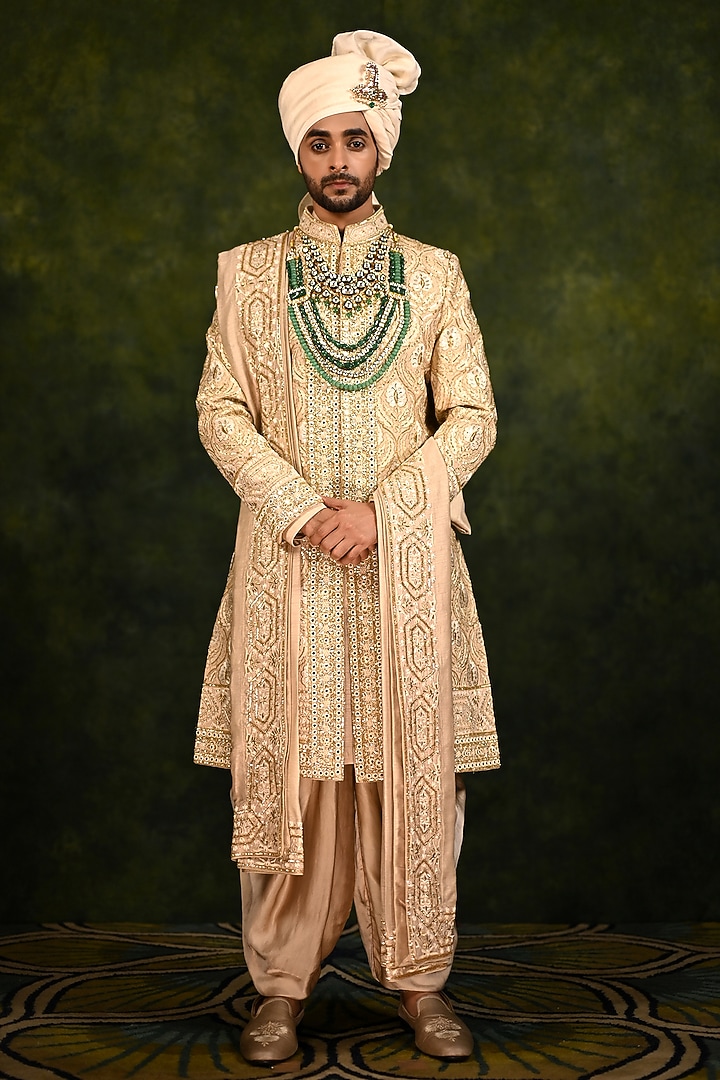 Pale Gold Silk Hand Embellished Groom Sherwani Set by Rachit Khanna Men at Pernia's Pop Up Shop