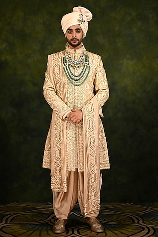Pale Gold Silk Hand Embellished Sherwani Set by Rachit Khanna Men