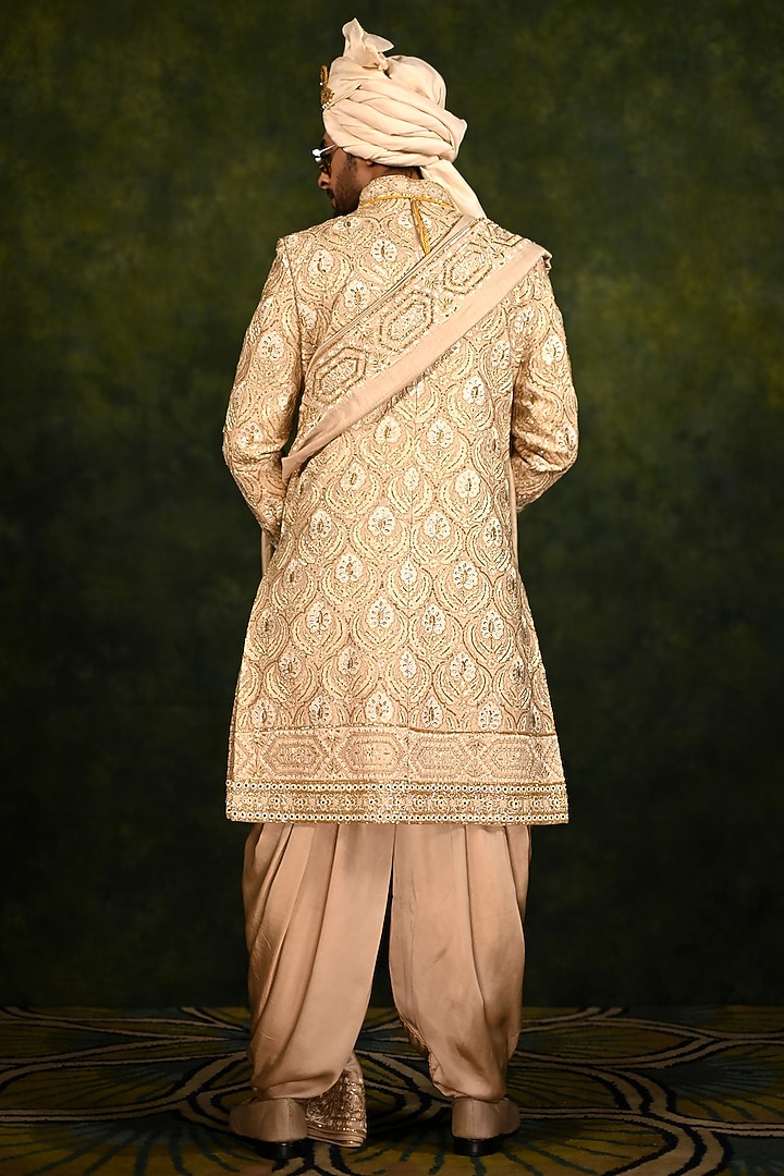 Pale Gold Silk Hand Embellished Groom Sherwani Set by Rachit Khanna Men at Pernia's Pop Up Shop