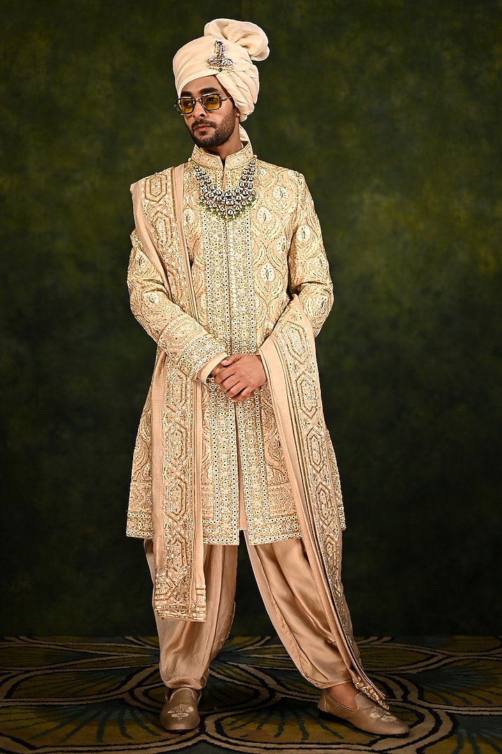 Pale Gold Silk Hand Embellished Groom Sherwani Set by Rachit Khanna Men at Pernia's Pop Up Shop