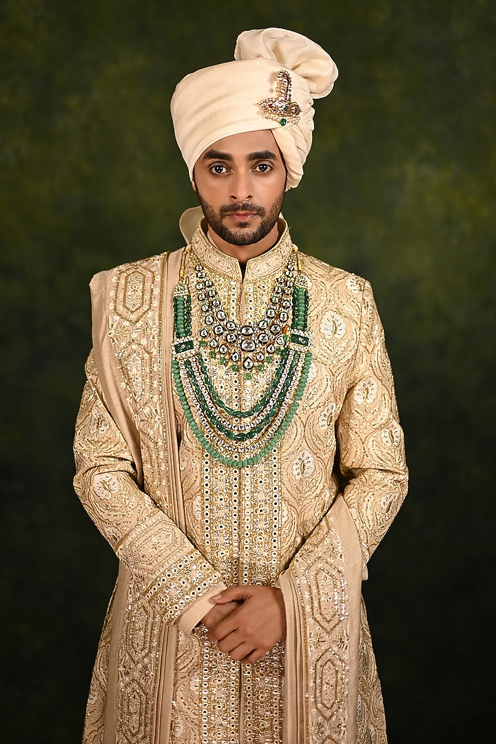 Pale Gold Silk Hand Embellished Groom Sherwani Set by Rachit Khanna Men at Pernia's Pop Up Shop