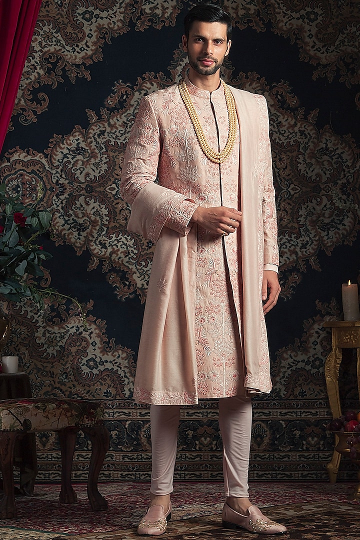 Light Peach Embroidered Sherwani Set by Rachit Khanna Men