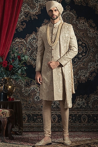 Beige Matka Silk Thread & Tilla Embroidered Sherwani Set by Rachit Khanna Men