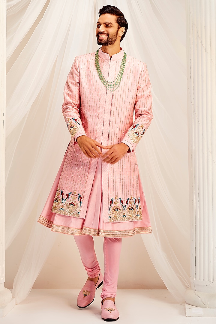 Peach Pink Raw Silk Embroidered Sherwani Set by Rachit Khanna Men