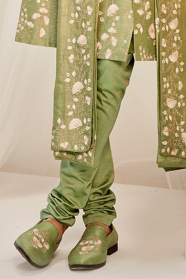 Jade Green Raw Silk Resham Work Groom Sherwani Set by Rachit Khanna Men at Pernia's Pop Up Shop
