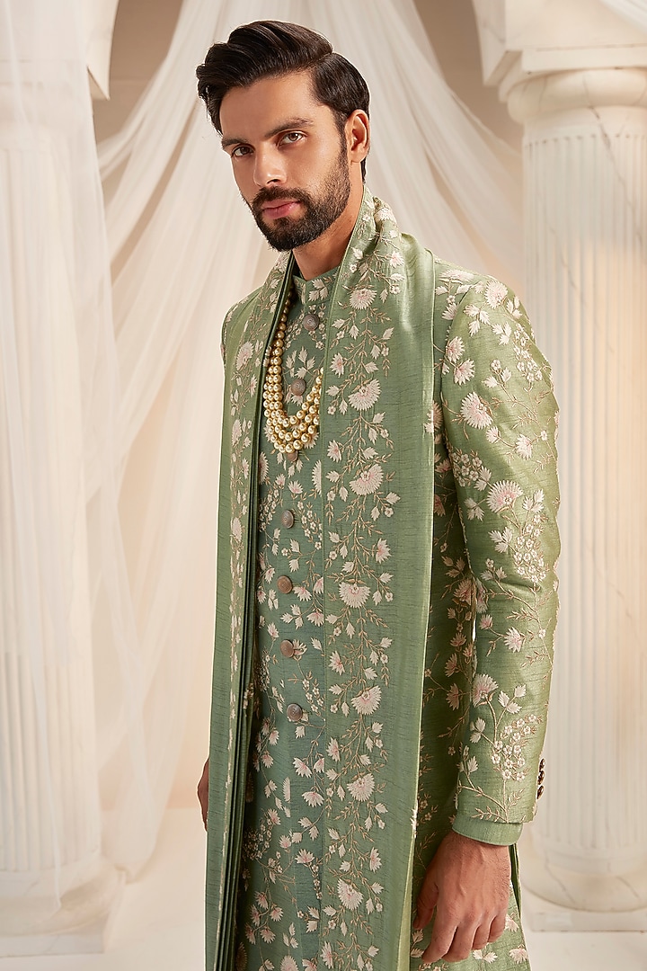 Jade Green Raw Silk Resham Work Groom Sherwani Set by Rachit Khanna Men at Pernia's Pop Up Shop