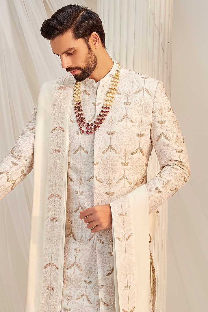 Ivory Raw Silk Embroidered Groom Sherwani Set by Rachit Khanna Men at Pernia's Pop Up Shop