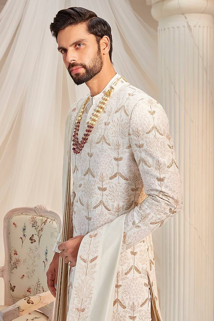 Ivory Raw Silk Embroidered Groom Sherwani Set by Rachit Khanna Men at Pernia's Pop Up Shop